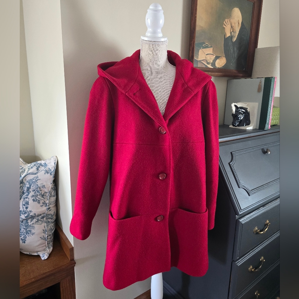 Women’s Red Hooded Wool Pea Coat